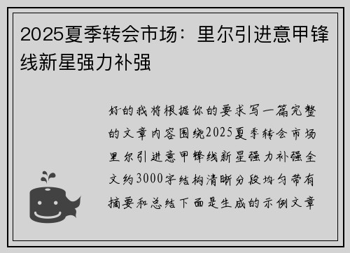 2025夏季转会市场：里尔引进意甲锋线新星强力补强