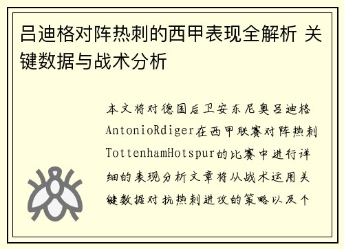 吕迪格对阵热刺的西甲表现全解析 关键数据与战术分析